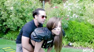 Blonde Britney Amber with big tits has sex with a trainer and gets cum on her face outdoors MYLF