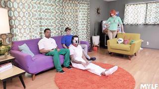 Red Head Cosplay Chick Lauren Phillips Enjoys Servicing Two Hard Dicks At Once