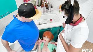 Red Head Cosplay Chick Lauren Phillips Enjoys Servicing Two Hard Dicks At Once